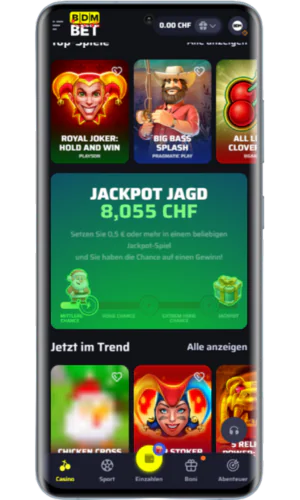 BdmBet Casino App Lobby mit Slot-Kategorien und Suchfunktion