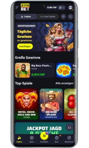 BdmBet App Hauptmenü mit schnellem Zugang zu Casino und Sportwetten