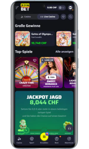 BdmBet Sportwetten App Interface mit Live-Quoten und Wettschein