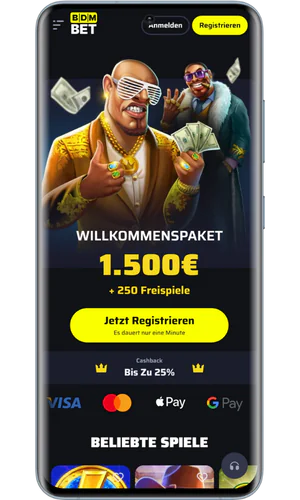 BdmBet Casino Hauptseite mit grüner Registrieren-Schaltfläche für Schweizer Spieler