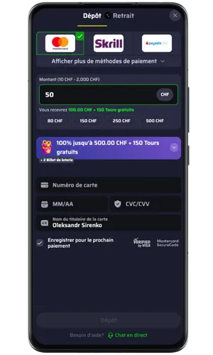 Page de dépôt BdmBet avec devise CHF et bonus de bienvenue
