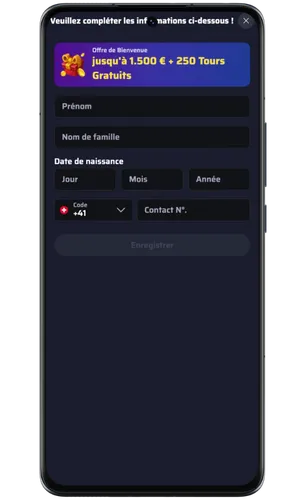 Formulaire BdmBet avec données personnelles et saisie numéro suisse