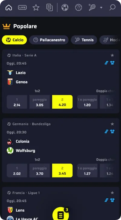 Interfaccia highlights scommesse